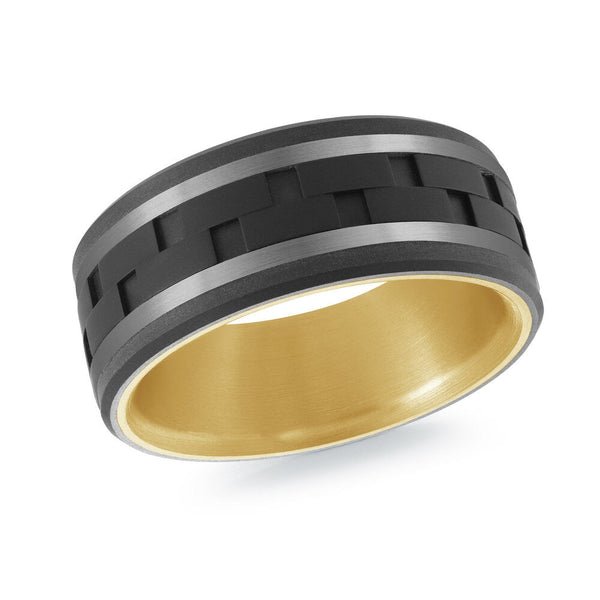 MALO Two-Tone Men’s Band Ring with Black Brick Inlay – Matte Edge Modern Design – 9mm Wide (MRDTI-021)