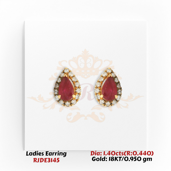 18KT Gold Ruby & Diamond Teardrop Halo Stud Earrings – 1.40 cts Diamonds with 0.440 cts Ruby (RJDE3145)