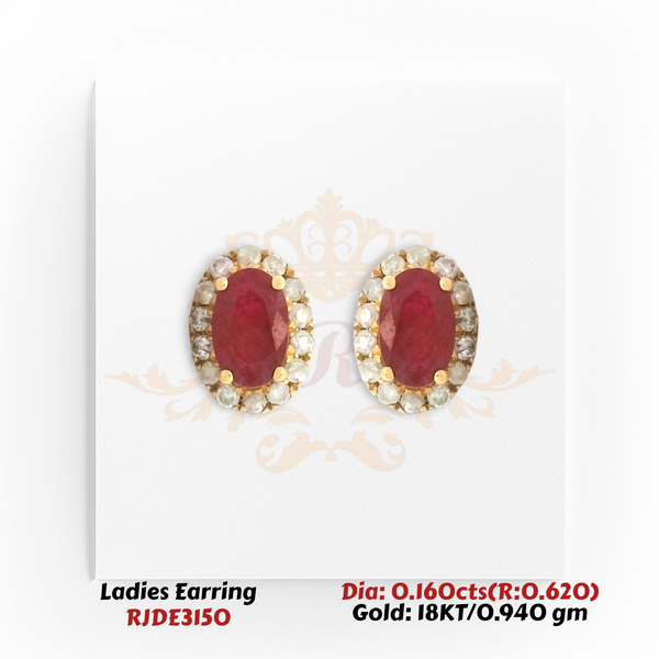 18KT Gold Ruby & Diamond Halo Stud Earrings – 0.160 cts Diamonds with 0.620 cts Ruby (RJDE3150)