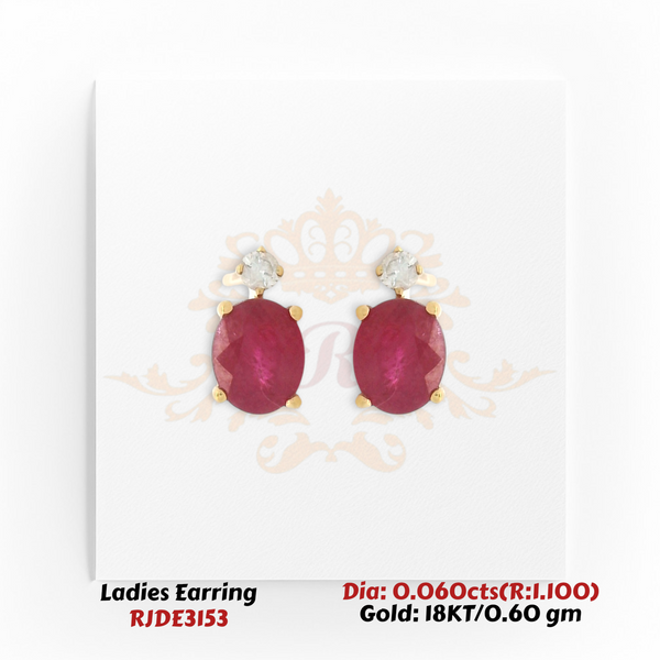 18KT Gold Ruby & Diamond Drop Stud Earrings – 0.060 cts Diamonds with 1.100 cts Ruby (RJDE3153)
