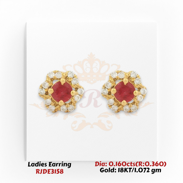 18KT Gold Ruby & Diamond Floral Stud Earrings – 0.160 cts Diamonds with 0.360 cts Ruby (RJDE3158)