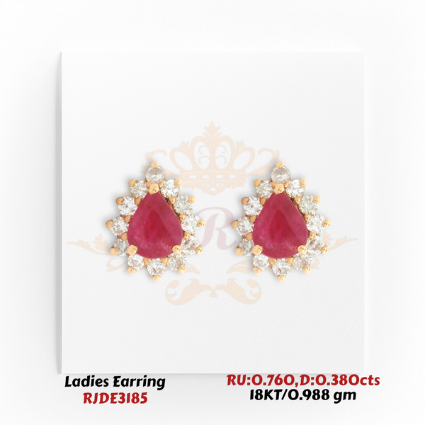 18KT Gold Ruby & Diamond Halo Stud Earrings – 0.760 cts Ruby, 0.380 cts Diamond – 0.988 gm (RJDE3185)