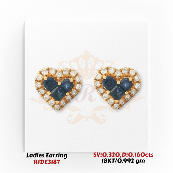 18KT Gold Sapphire & Diamond Heart Halo Stud Earrings – 0.320 cts Sapphire, 0.160 cts Diamond – 0.992 gm (RJDE3187)