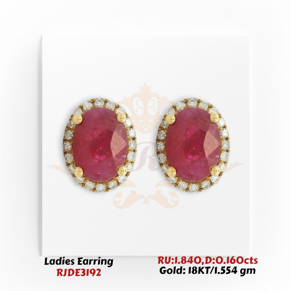 18KT Gold Ruby & Diamond Halo Stud Earrings – 1.840 cts Ruby, 0.160 cts Diamond – 1.554 gm (RJDE3192)