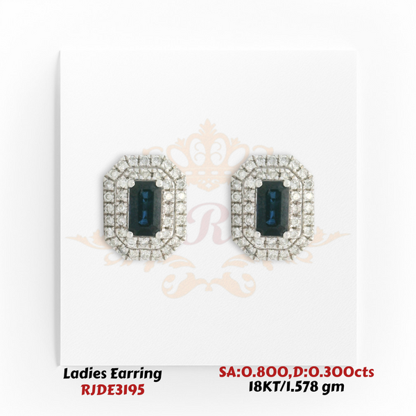18KT Gold Sapphire & Diamond Halo Stud Earrings – 0.800 cts Sapphire, 0.300 cts Diamond – 1.578 gm (RJDE3195)