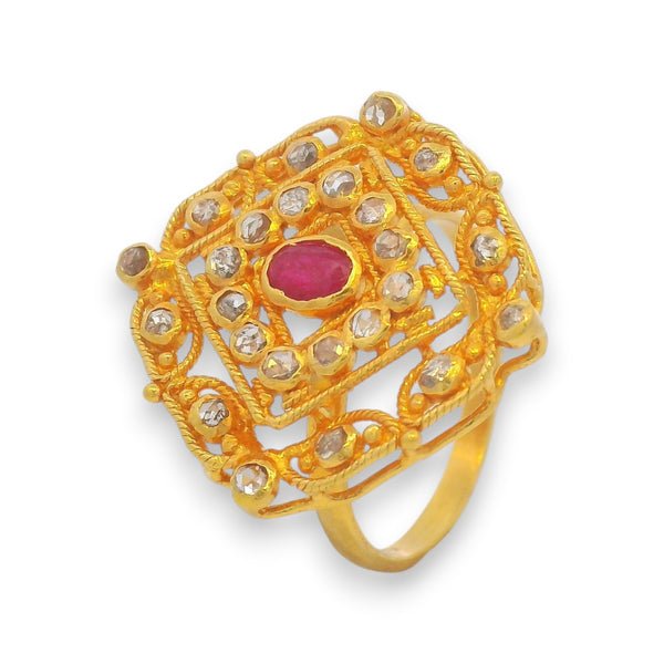22kt Gold Ruby & Uncut Diamond Square Filigree Ladies Ring – RJDR3220