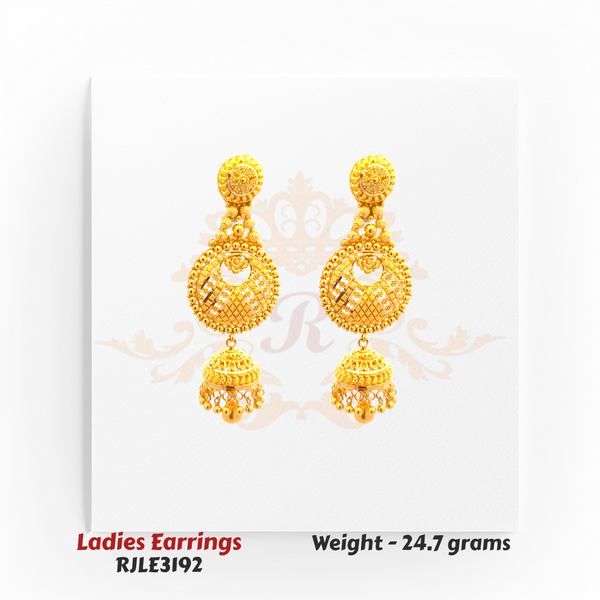 22kt Gold Ladies Earrings – Antique Circle Jhumka Design – 24.7 gm (RJLE3192)