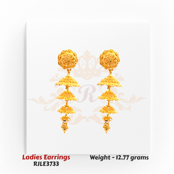 22kt Gold Ladies Earrings – Triple Layer Dome Jhumka – 12.77 gm (RJLE3733)