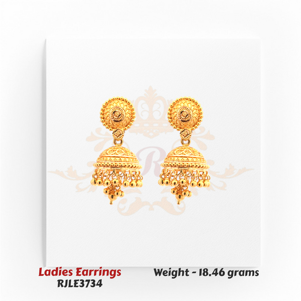 22kt Gold Ladies Earrings – Round Floral Jhumka Pattern – 18.46 gm (RJLE3734)