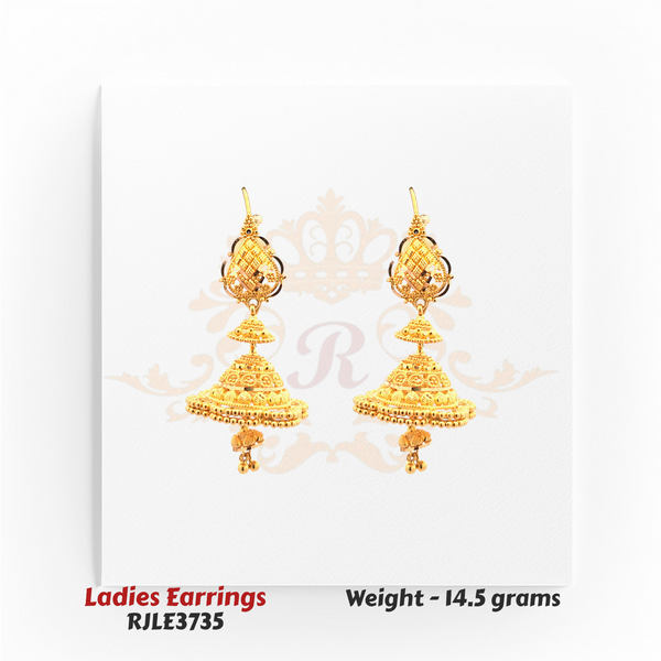 22kt Gold Ladies Earrings – Cone-Shaped Hanging Jhumka – 14.5 gm (RJLE3735)