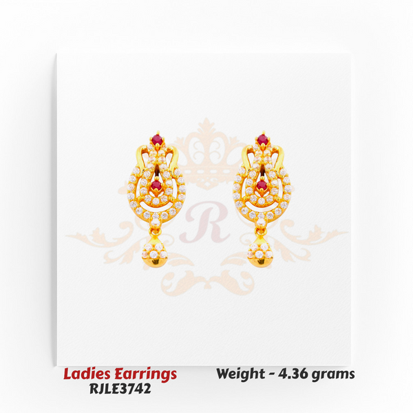 22kt Gold Ladies Earrings – Ruby Stone Drop Design – 4.36 gm (RJLE3742)