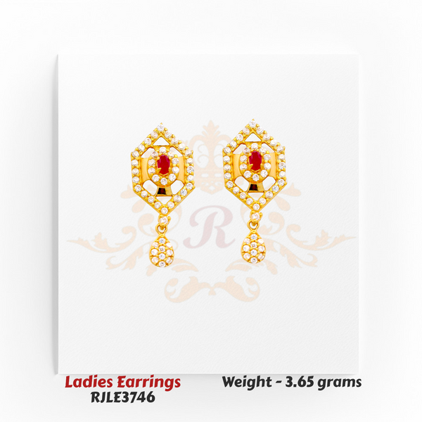 22kt Gold Ladies Earrings – Ruby Hexagon Drop Design – 3.65 gm (RJLE3746)