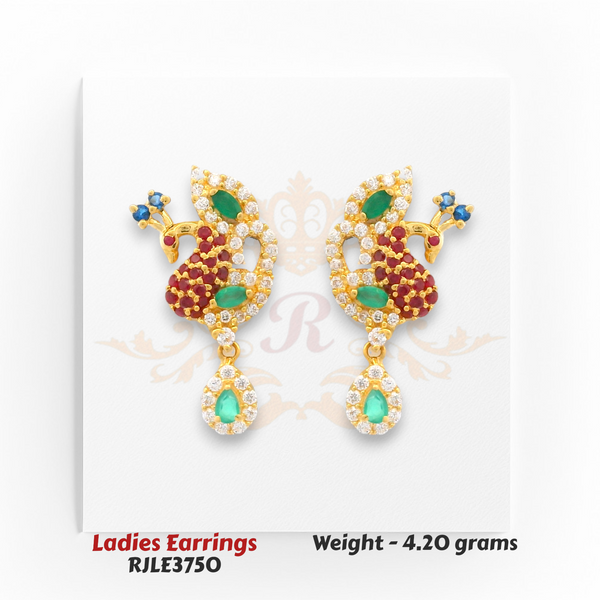 22kt Gold Ladies Earrings – Peacock-Inspired Ruby & Emerald Stone Design – 4.20 gm (RJLE3750)