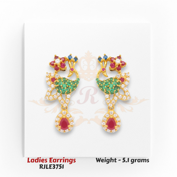 22kt Gold Ladies Earrings – Peacock-Inspired Ruby, Emerald & CZ Stone Design – 5.10 gm (RJLE3751)