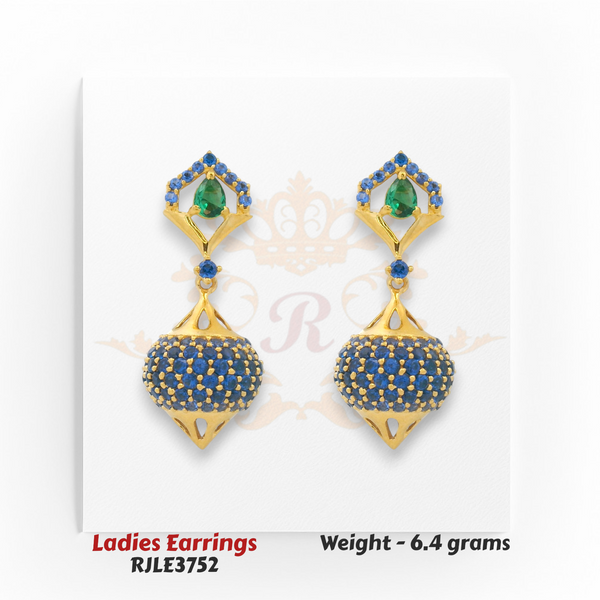 22kt Gold Ladies Earrings – Blue Sapphire & Emerald Dome Drop Design – 6.40 gm (RJLE3752)