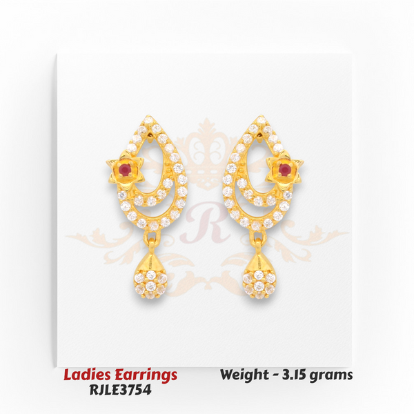 22kt Gold Ladies Earrings – Teardrop Ruby Floral CZ Design – 3.15 gm (RJLE3754)