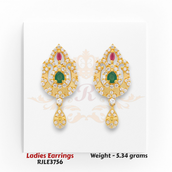 22kt Gold Ladies Earrings – Ruby & Emerald CZ Teardrop Design – 5.34 gm (RJLE3756)
