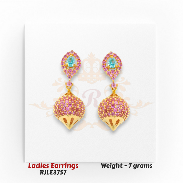 22kt Gold Ladies Earrings – Pink Sapphire & Blue Topaz Dome Drop Design – 7.00 gm (RJLE3757)