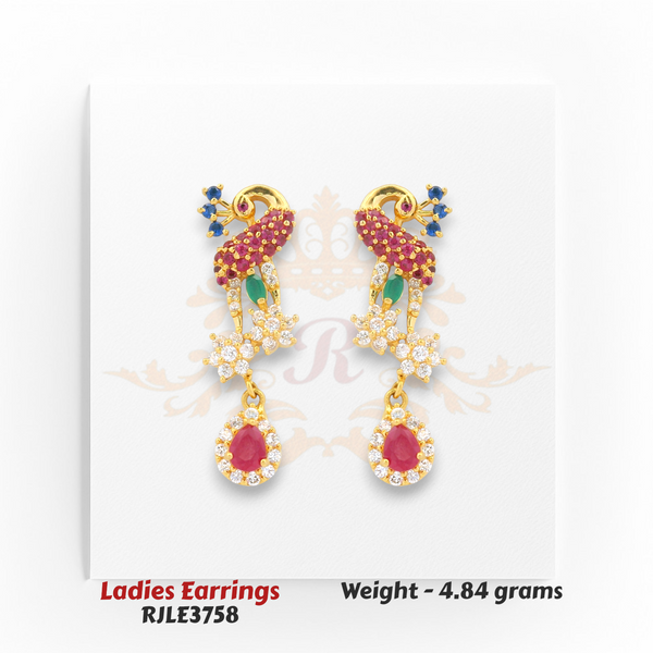 22kt Gold Ladies Earrings – Peacock Ruby, Emerald & CZ Drop Design – 4.84 gm (RJLE3758)