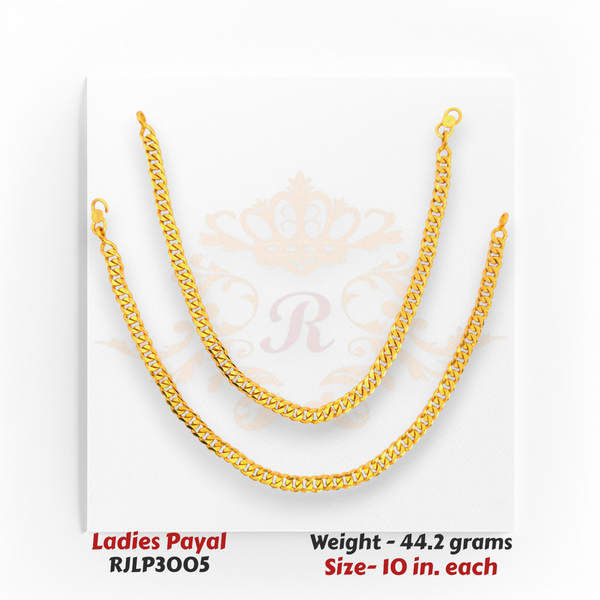 22kt Gold Ladies Payal – Classic Curb Chain Design – 44.2 gm, 10 in (RJLP3005)