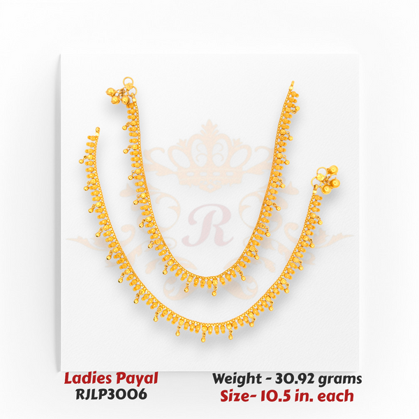 22kt Gold Ladies Payal – Antique Drop Dangle Design – 30.92 gm, 10.5 in (RJLP3006)