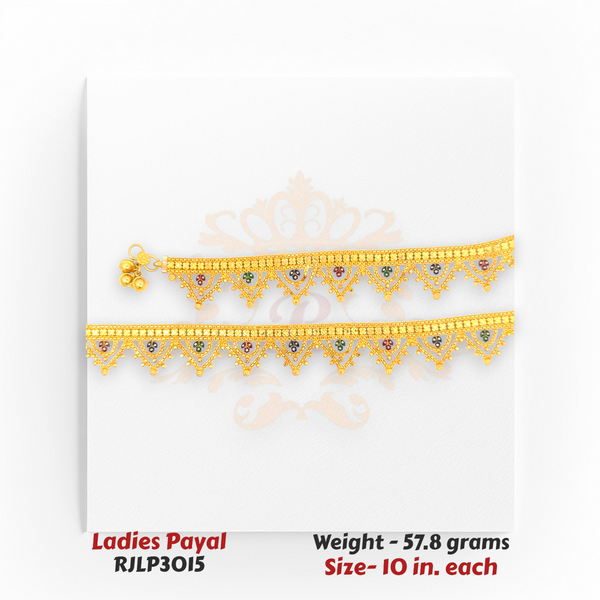 22kt Gold Ladies Payal – Multicolor Meenakari Triangle Pattern – 57.8 gm, 10 in (RJLP3015)