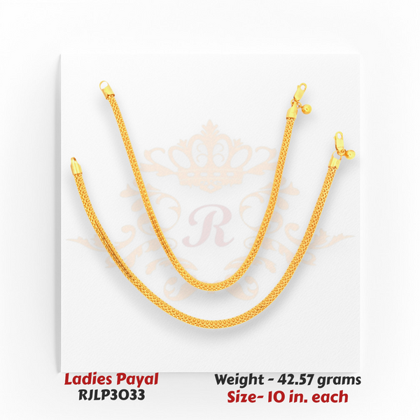 22kt Gold Ladies Payal – Heavy Mesh Texture Design – 42.57 gm, 10 in (RJLP3033)