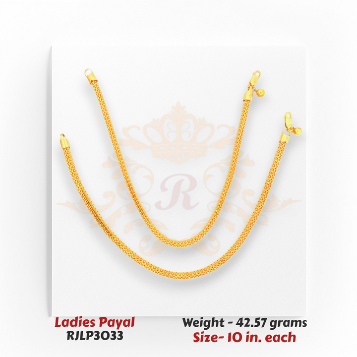 22kt Gold Ladies Payal – Heavy Mesh Texture Design – 42.57 gm, 10 in (RJLP3033)