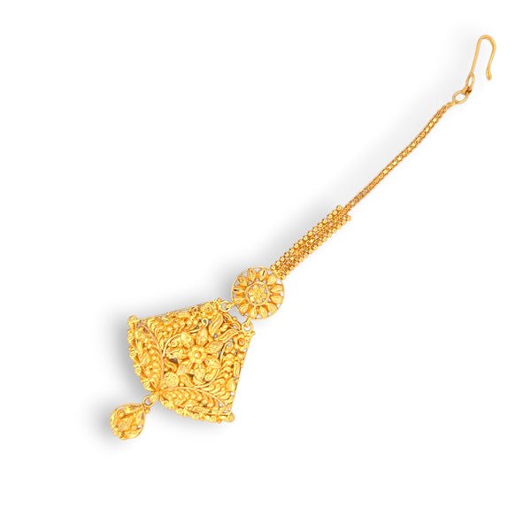 22kt Gold Ladies Tikka with Floral Temple Design – 6.80 gm, 5.2 in (RJLT3037)