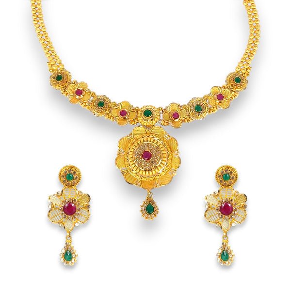 22K Gold Bridal Necklace Set with Ruby & Emerald Floral Motifs – 55.90 gm (RJOMS3030)