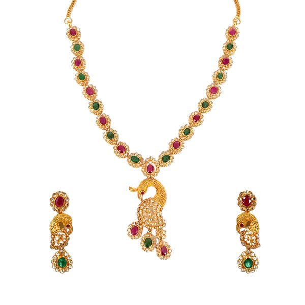 22K Gold Peacock Bridal Necklace Set with Ruby & Emerald Accents – 46.11 gm (RJOMS3031)