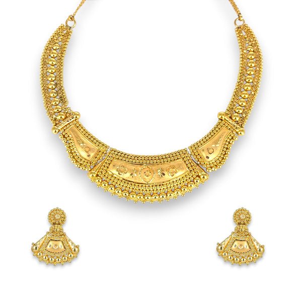 22K Gold Antique Bridal Necklace Set – Traditional Beaded Temple Design – 44.43 gm (RJOMS3033)