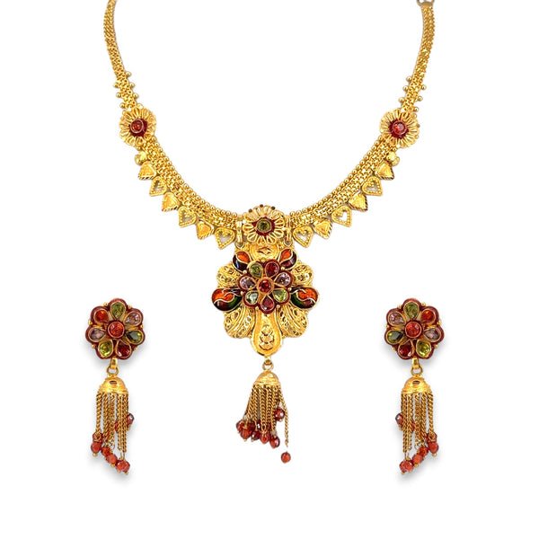 22K Gold Necklace Set – Antique Floral Kundan Design – 32.12 gm (RJOMS3035)