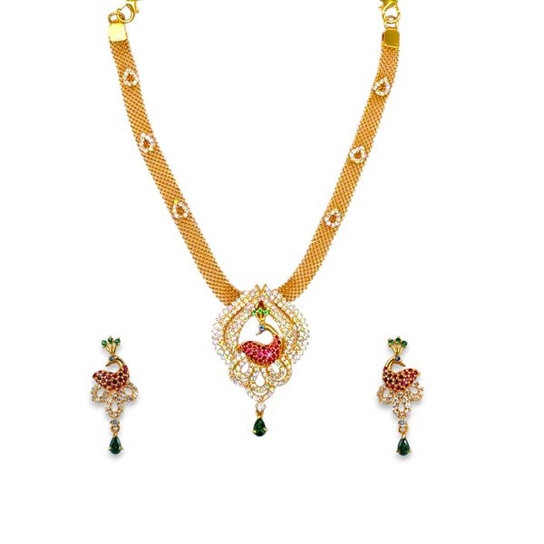 22K Gold Necklace Set – Peacock Pendant with Ruby & Emerald Accents – 29.51 gm (RJOMS3036)