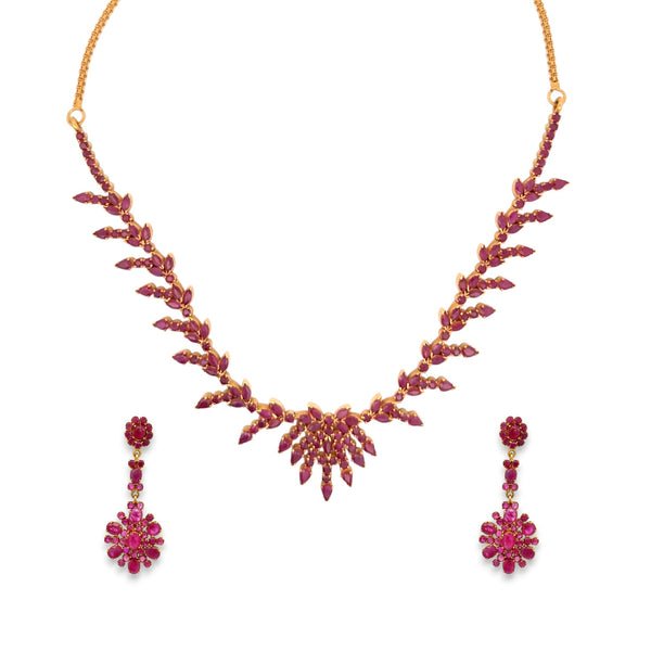 22K Gold Ruby Necklace Set – Leaf Cluster Floral Design – 48.38 gm (RJOMS3046)