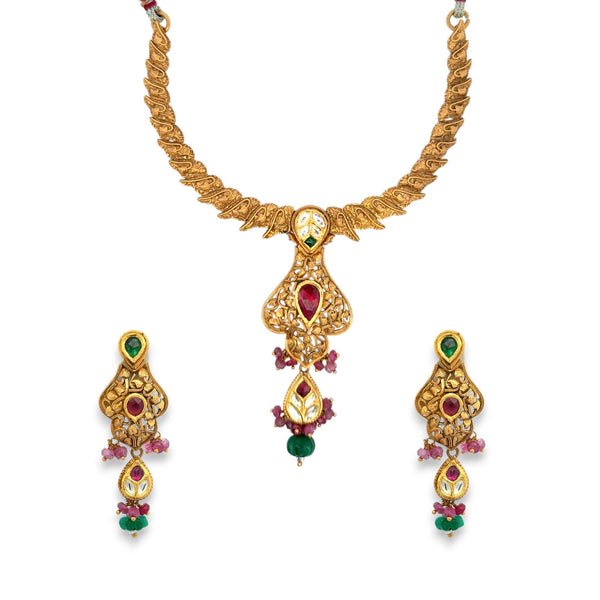 22kt Gold Antique Necklace Set with Ruby, Emerald & Kundan Detailing – 44.90 gm (RJOMS3048)