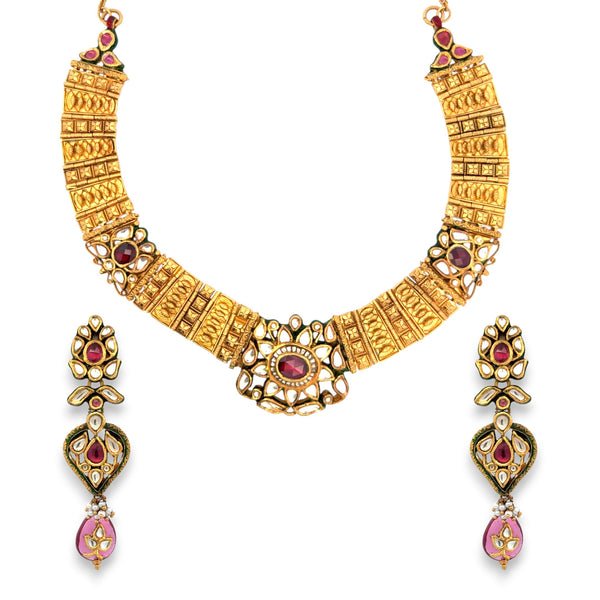 22kt Gold Antique Kundan Necklace Set with Ruby & Polki Detailing – 108.28 gm (RJOMS3049)