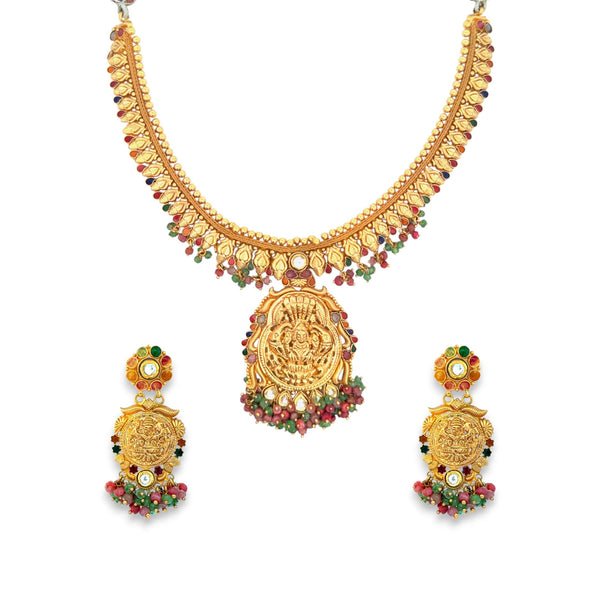 22kt Gold Antique Lakshmi Temple Necklace Set with Multicolor Gemstones – 59.69 gm (RJOMS3051)