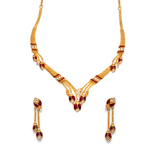 22kt Gold Modern Antique Necklace Set with Red Enamel & CZ Accents – 62.42 gm (RJOMS3052)