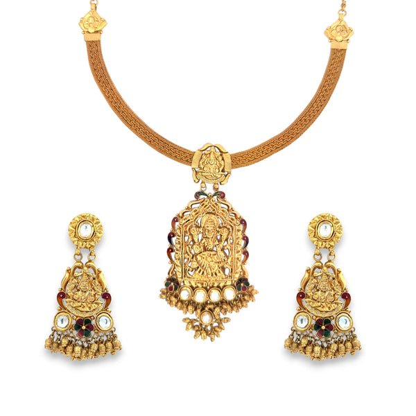 22kt Gold Antique Lakshmi Temple Necklace Set with Kundan Drops – 69.12 gm (RJOMS3055)