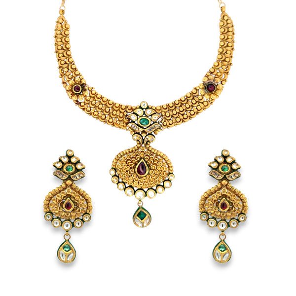 22kt Gold Antique Kundan Necklace Set with Ruby & Emerald Accents – 79.10 gm (RJOMS3056)