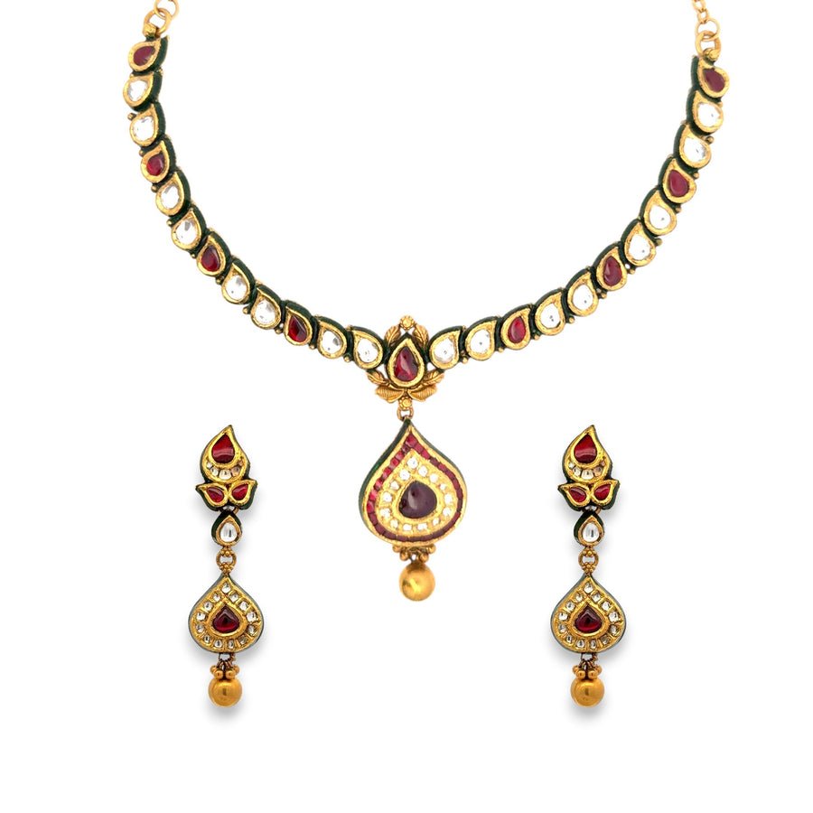 22kt Gold Antique Kundan Necklace Set with Red & White Polki Stones – 60.51 gm (RJOMS3059)