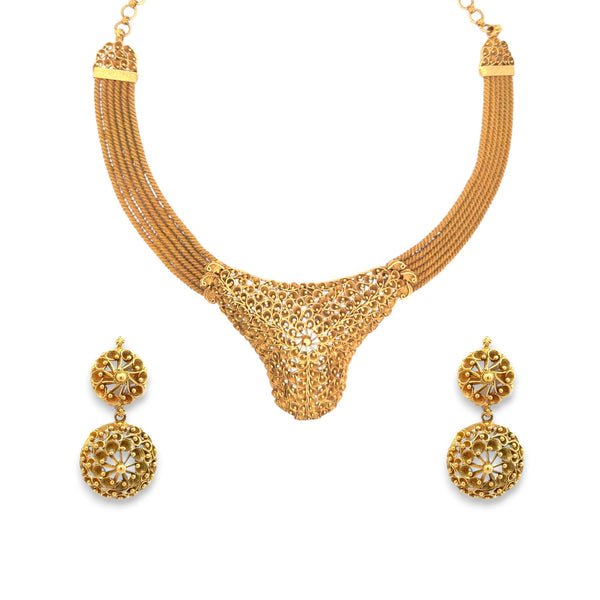 22K Gold Filigree Bridal Necklace Set – Intricate Mesh Design – 96.01 gm (RJOMS3060)