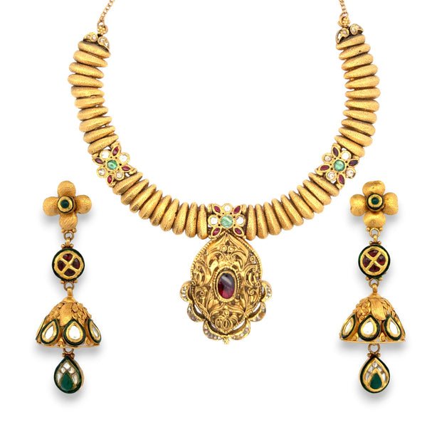 22K Gold Antique Bridal Necklace Set – Floral Kundan & Ruby Pendant Design – 103.05 gm (RJOMS3062)