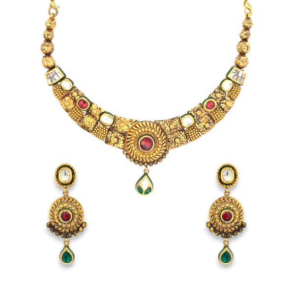 22kt Gold Antique Kundan Necklace Set with Red & Green Gemstones – 62.46 gm (RJOMS3064)