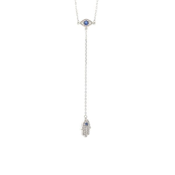 Silver Evil Eye & Hamsa Hand Necklace with Blue Stone – RJSC0003