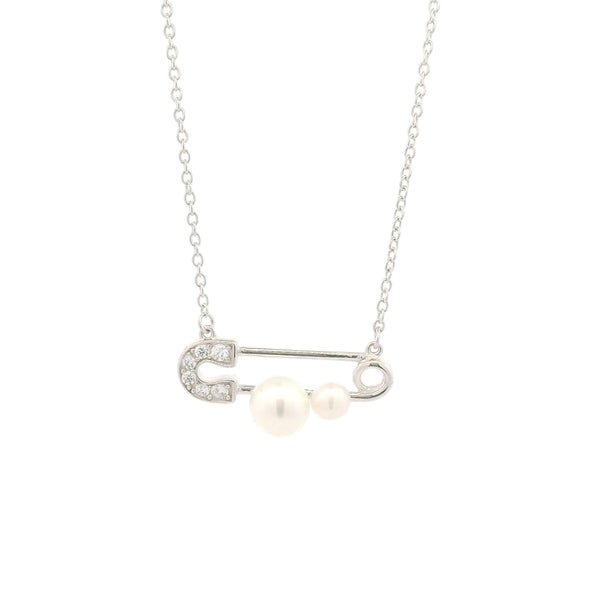 Silver Safety Pin Necklace with Pearl Accents – RJSC0005