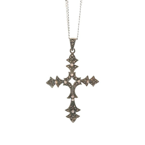 Silver Ornate Cross Necklace with Marcasite Accents – RJSC0008