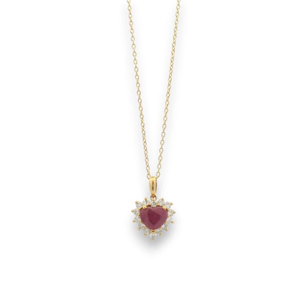 18KT Gold Ruby & Diamond Heart Halo Pendant Chain – 1.030 ct Ruby, 0.230 ct Diamonds, 2.23 gm (RJDC3056)