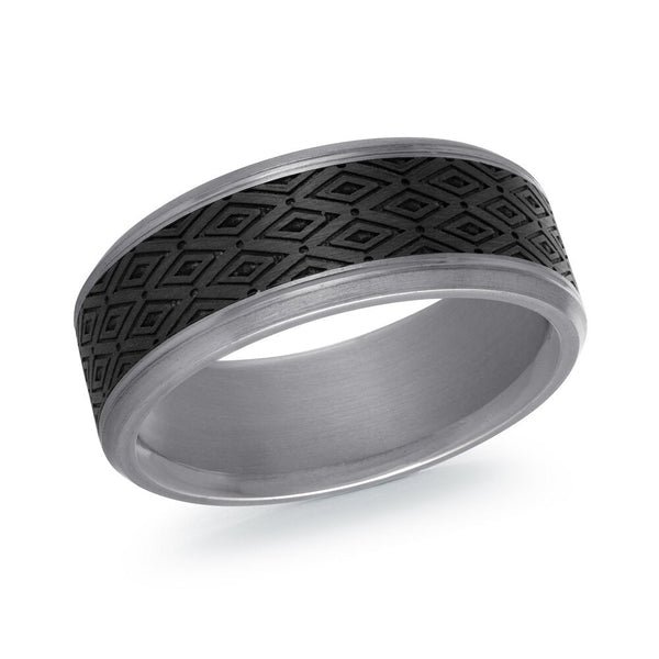 MALO Tantalum Band – Black Diamond Pattern Center with Satin Grey Edges – Premium Fit (TANT-045)